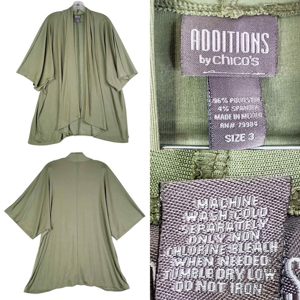 Additions by Chicos Cardigan Womens Size 3 US XL Green Open Front Short Sleeve